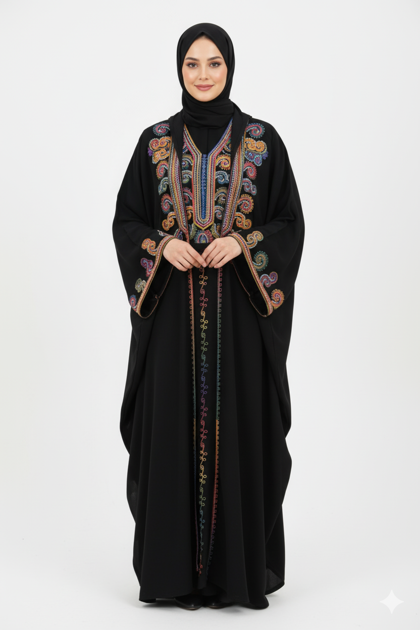 Şeyha abaya takımı siyah, işlemeli, resmi yazlık abaya takımı